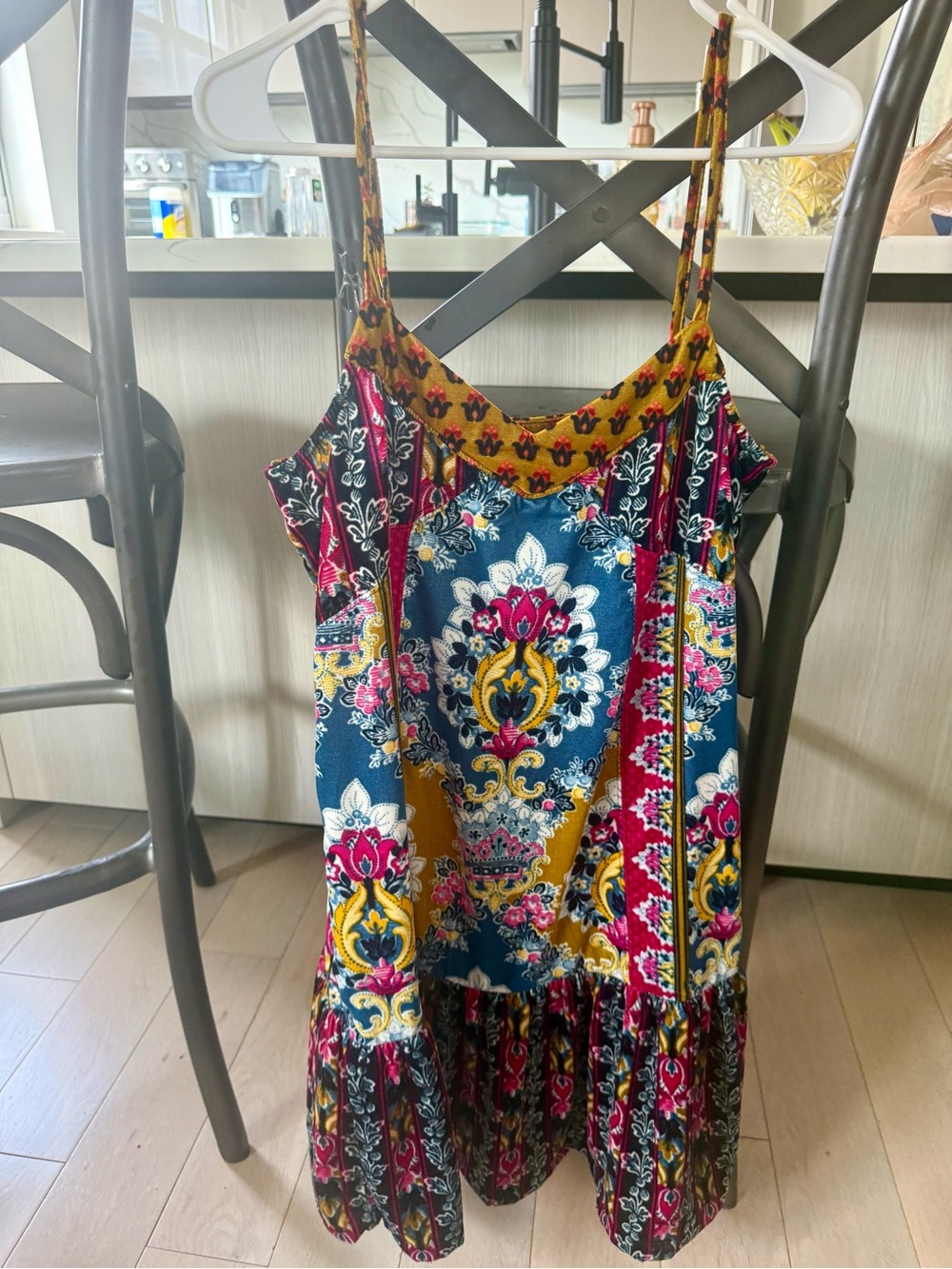 Boho Floral Patchwork Midi Dress in Teal, Mustard & Magenta